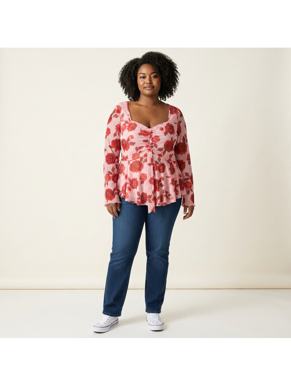 Bloomchic Blouse Women 22/24 Plus Pink Floral V-Neck Long Sleeve Lined Casual